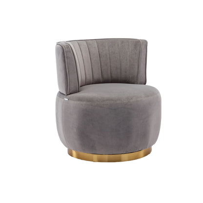 Gray barrel accent swivel chair with arched back, vertical channel stitching, gold base.