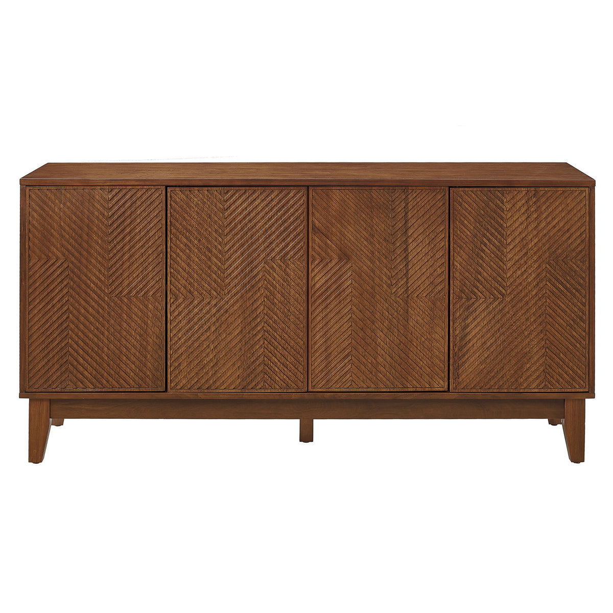 Walnut TV stand with four carved geometric cabinet doors and tapered legs