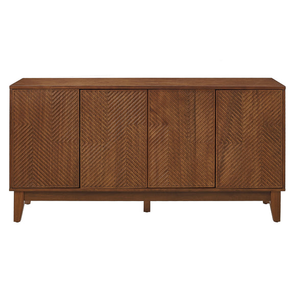 Walnut TV stand with four carved geometric cabinet doors and tapered legs