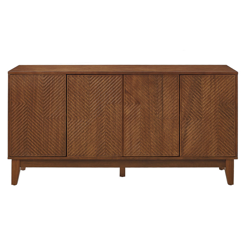 Walnut TV stand with four carved geometric cabinet doors and tapered legs