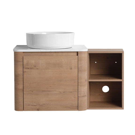 Wall-mounted bathroom vanity with white art sink and open right storage shelf in wood