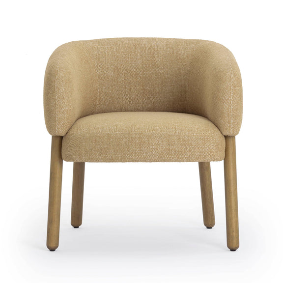Beige upholstered accent chair with boxy seat, cushioned arms, and wooden legs