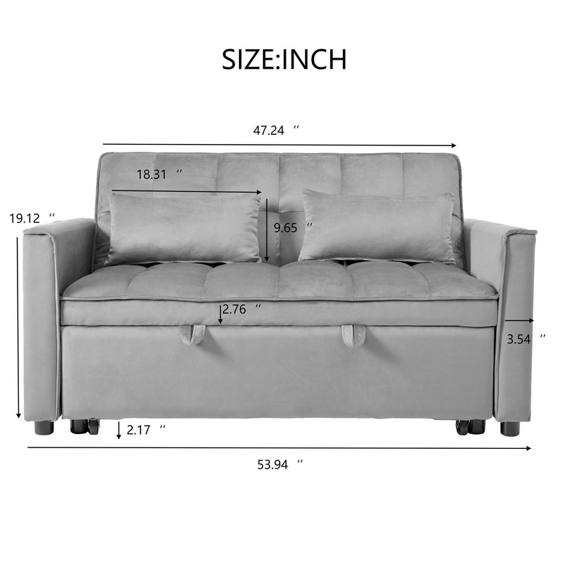Convertible sofa bed with tufted back, plush seat, and armrests, light gray fabric