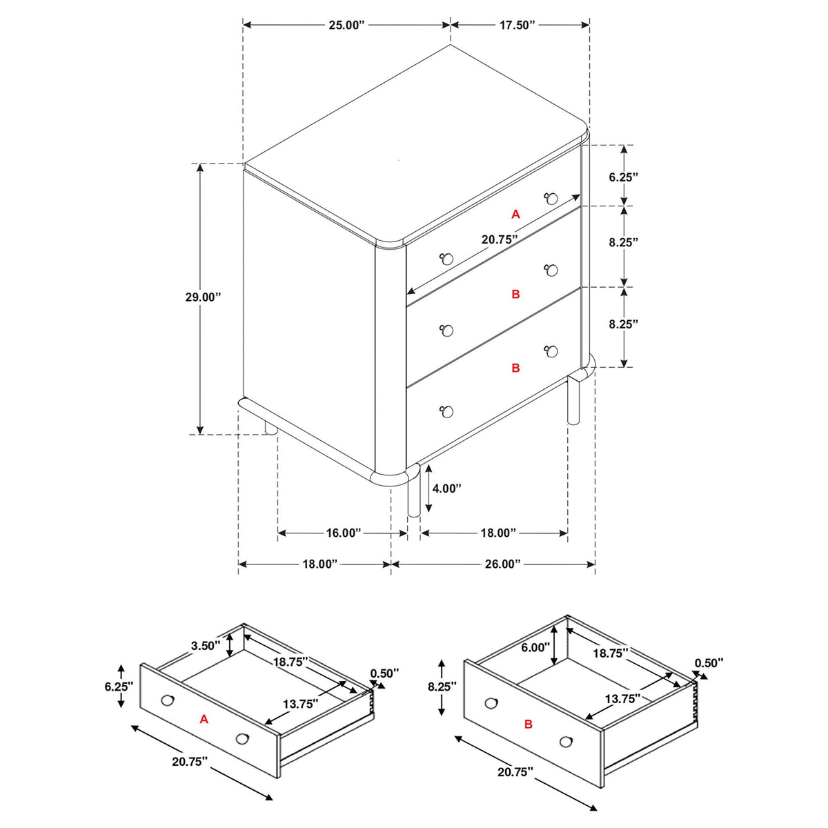 3-drawer nightstand dimension diagram with measurements and drawer layout