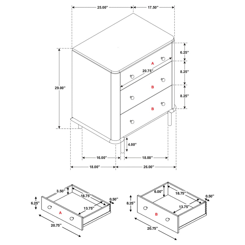 3-drawer nightstand dimension diagram with measurements and drawer layout