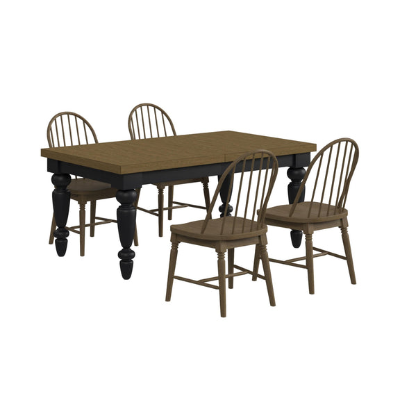 Standard-height dining table with 4 matching spindle-back chairs, dark brown finish