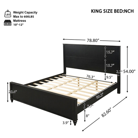 Black fluted platform bed frame size diagram with slatted base