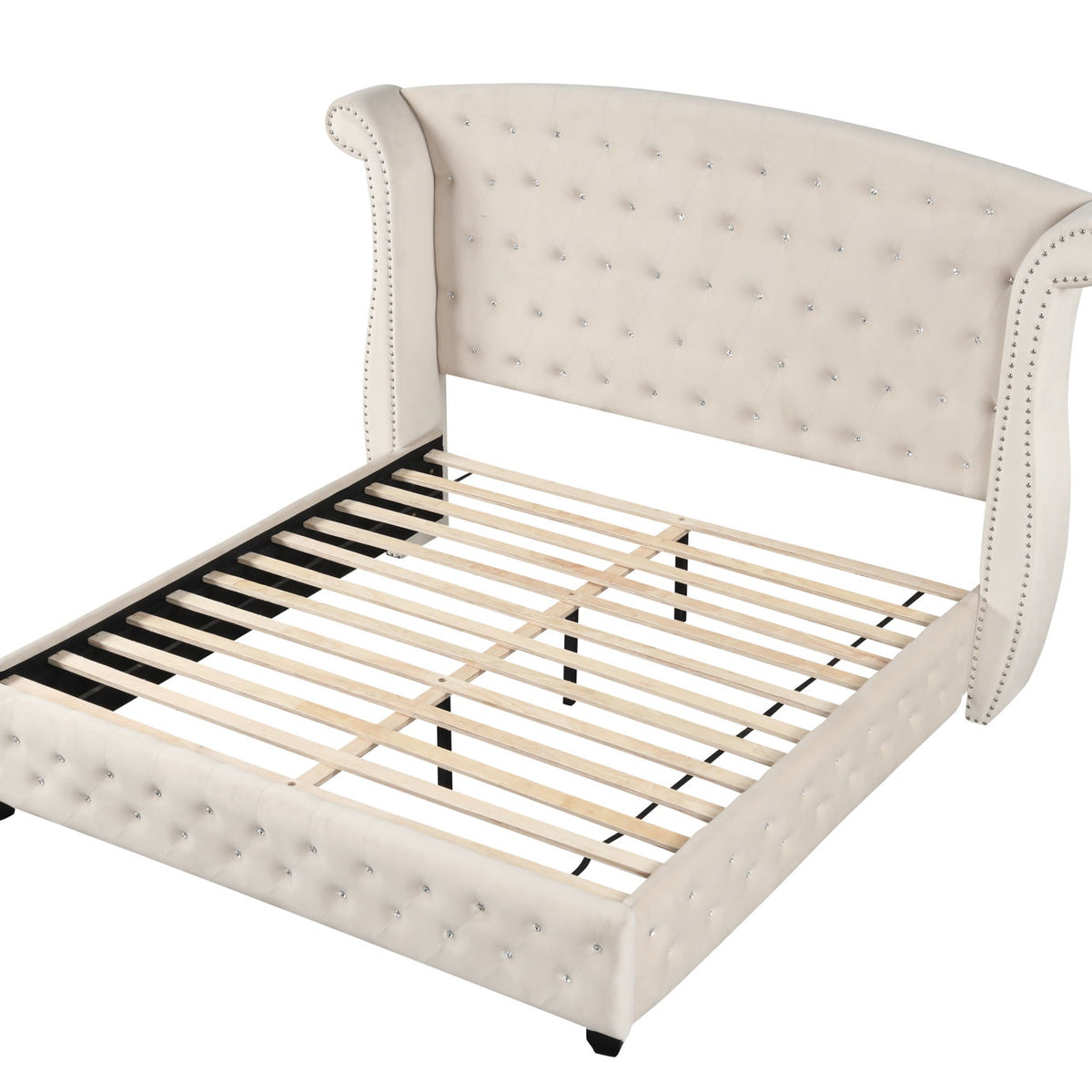 Beige tufted upholstered bed frame with grid slats and padded side posts.