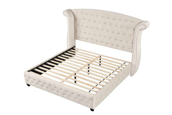 Beige tufted upholstered bed frame with grid slats and padded side posts.