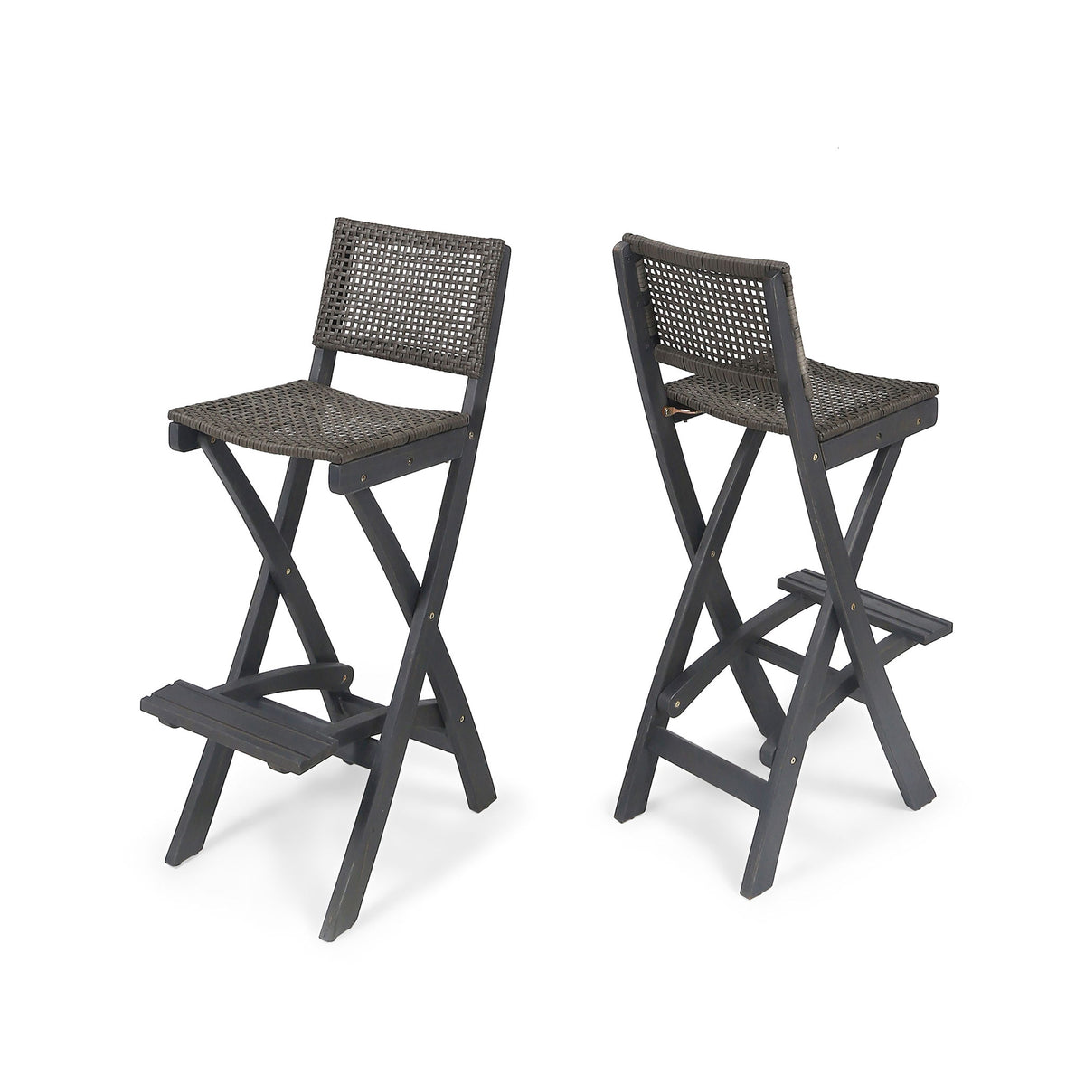 Folding outdoor barstool set of 2 with dark gray woven seat and back, acacia-style legs