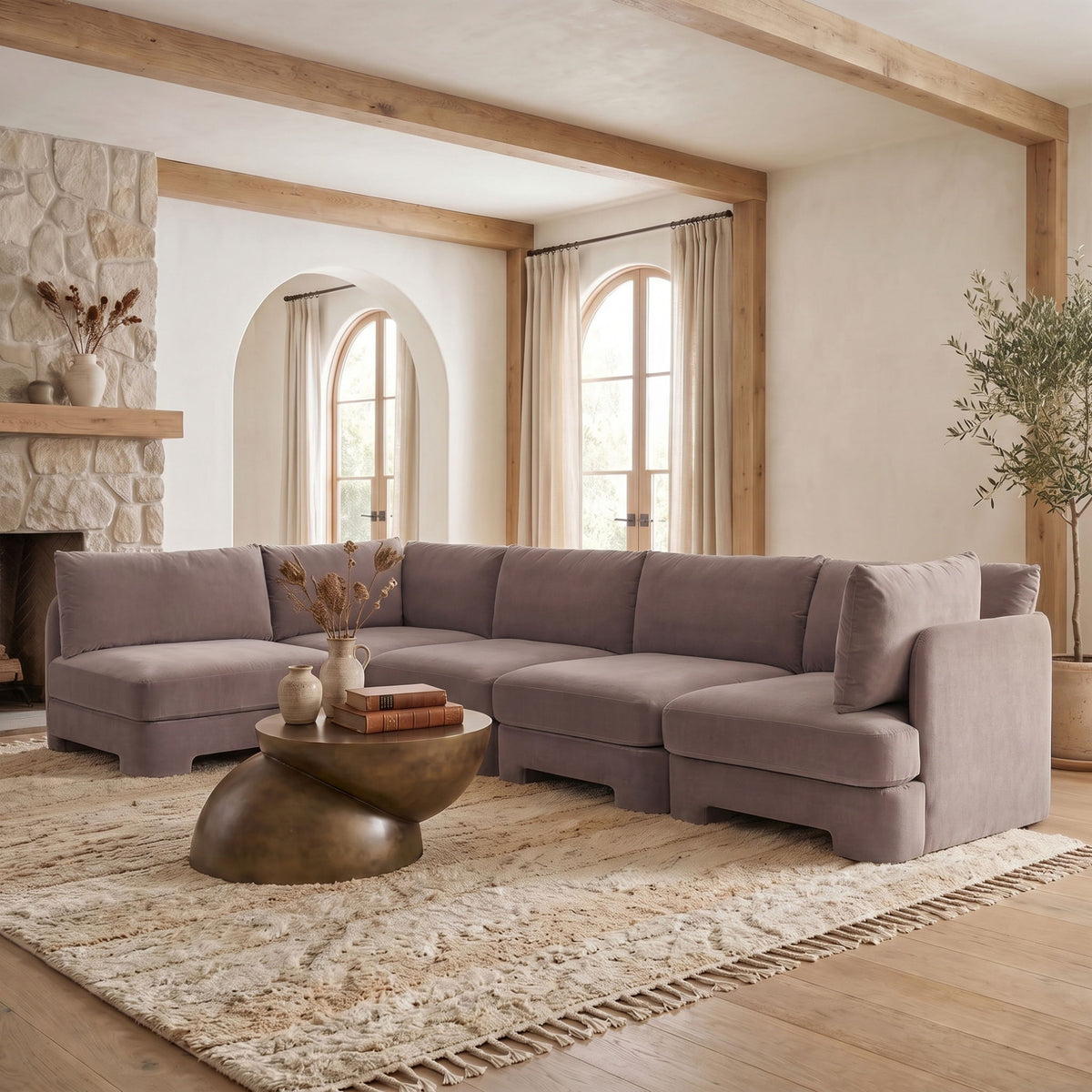 Lavender-gray velvet sectional sofa with chaise and square arm panels