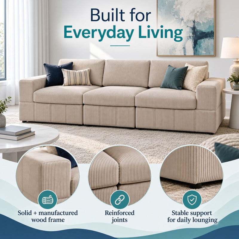 Beige three-seat modular sectional sofa with ribbed upholstery and reinforced joints detail insets
