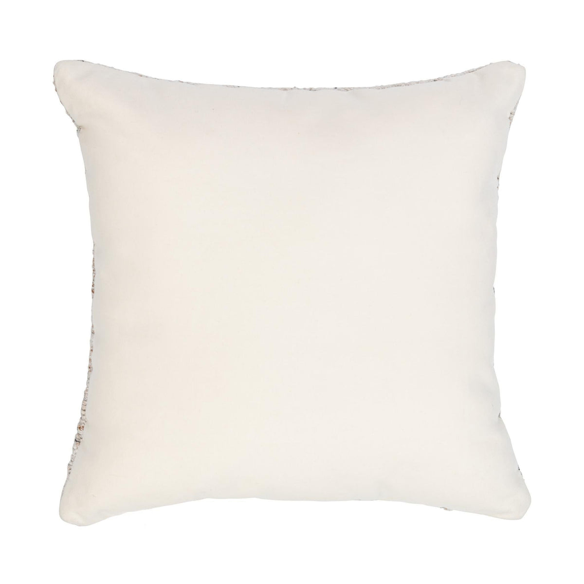 Square decorative pillow with plain off-white cover and visible edge stitching