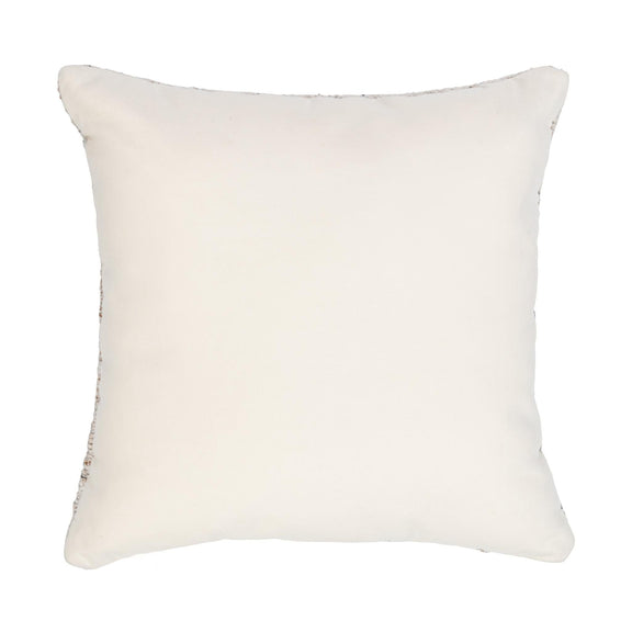 Square decorative pillow with plain off-white cover and visible edge stitching