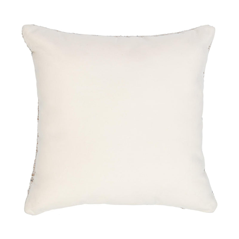 Square decorative pillow with plain off-white cover and visible edge stitching
