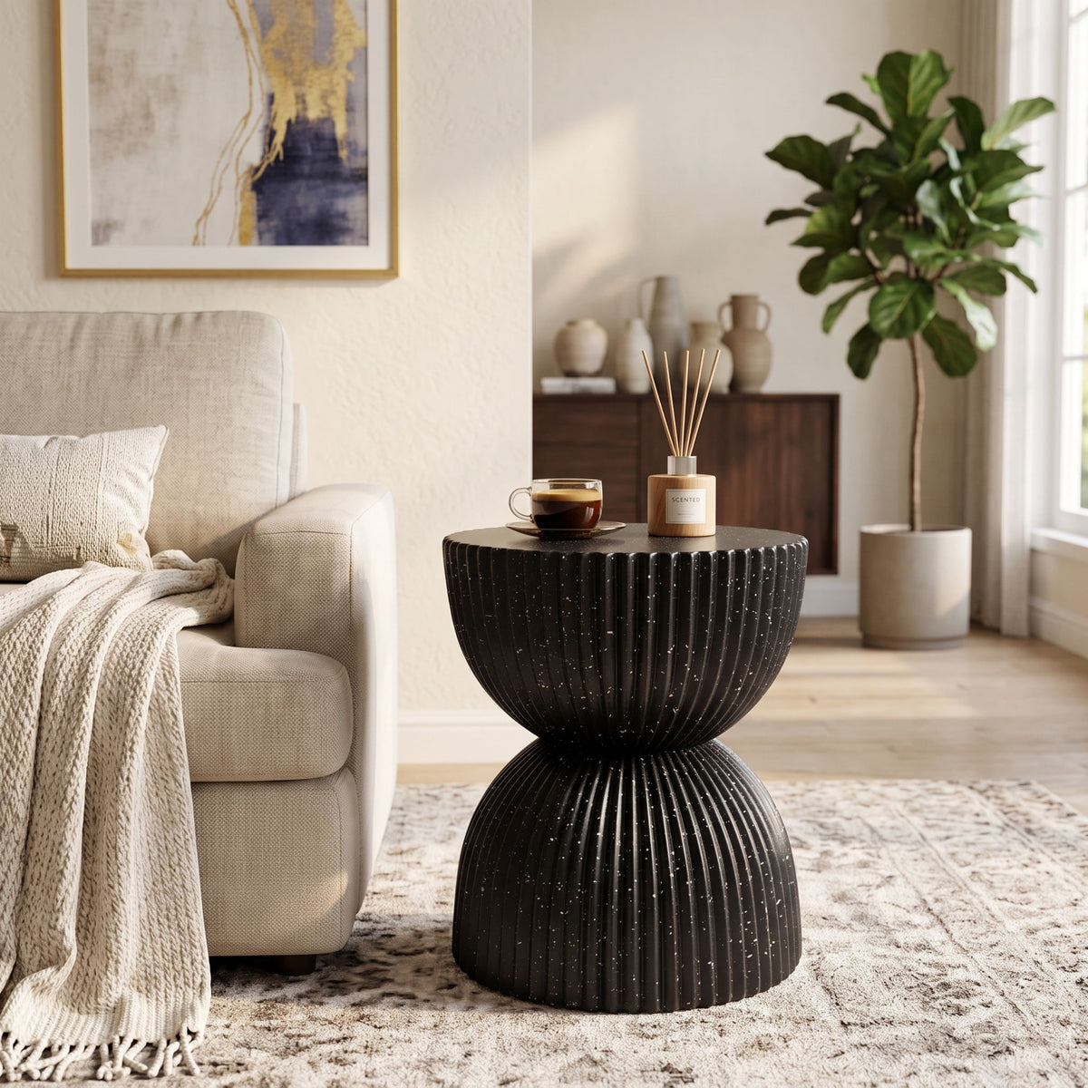 Black speckled ribbed side table with two stacked rounded forms