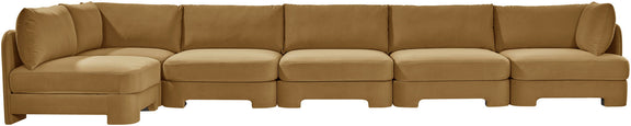 Tan armless sectional sofa with square front panels and plush back cushions