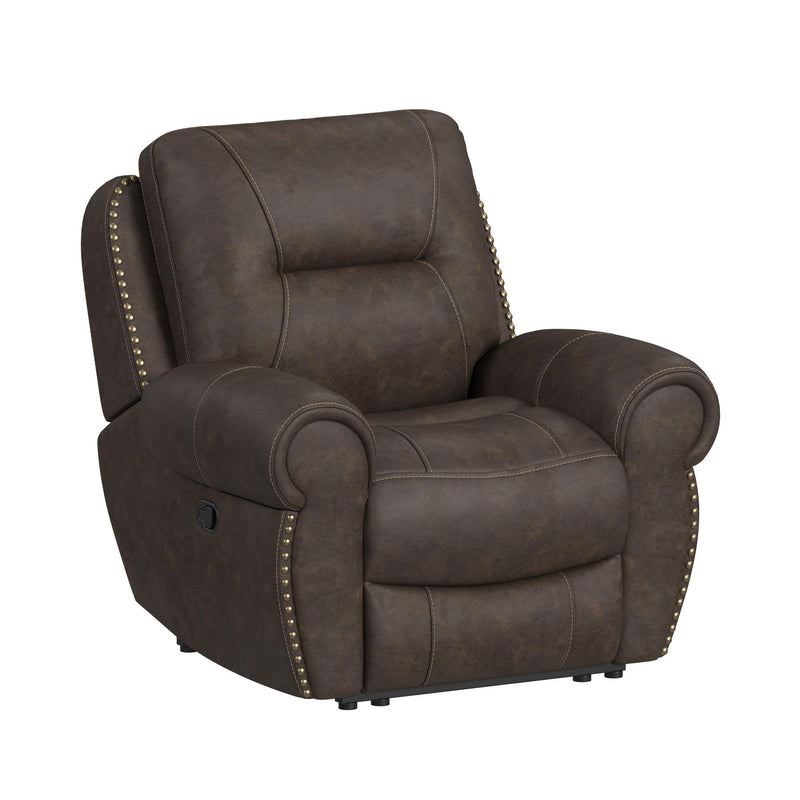 Dark brown faux-leather recliner with nailhead trim and padded armrests