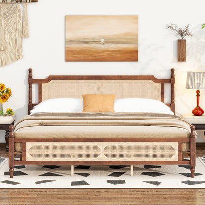 King Pine wooden Bed with Rattan Headboard and Footboard, with Central Enhanced Bed Platform, Walnut, Coastal