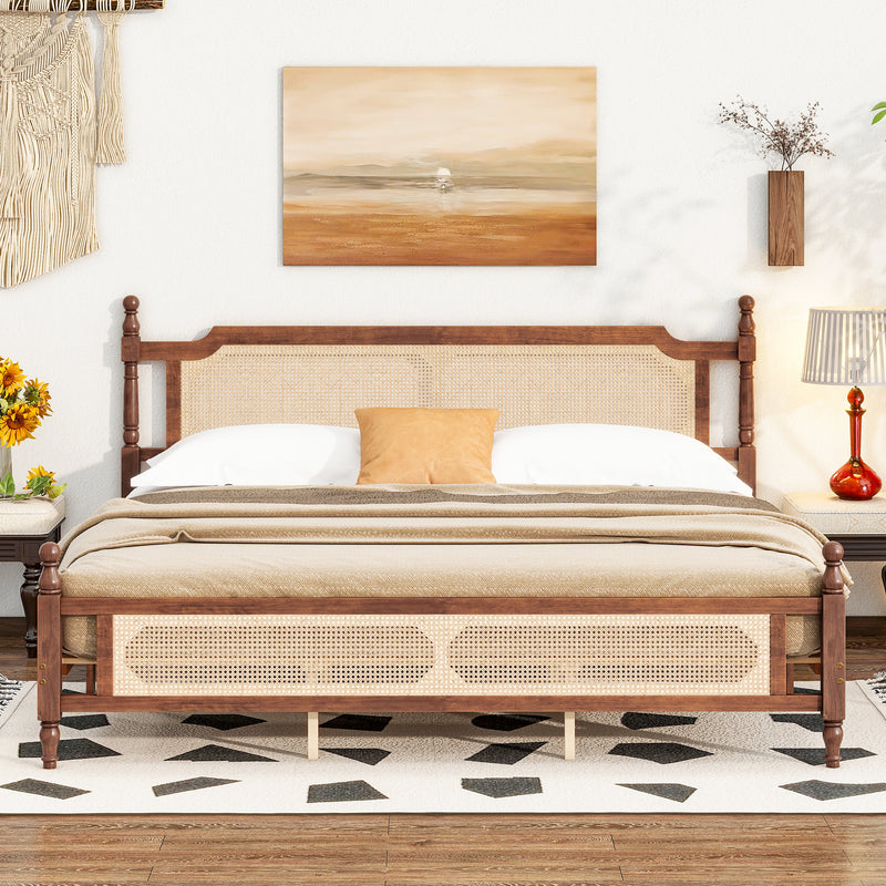 King Pine wooden Bed with Rattan Headboard and Footboard, with Central Enhanced Bed Platform, Walnut, Coastal