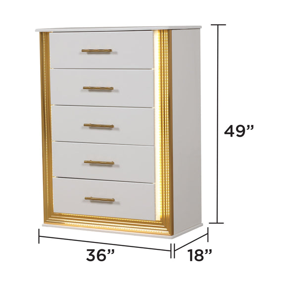 White LED 5-drawer chest with gold handles; dimensions shown 49H x 36W