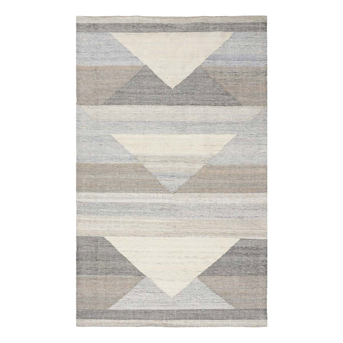 Gray indoor/outdoor rug with cream center band and charcoal V-shaped rows