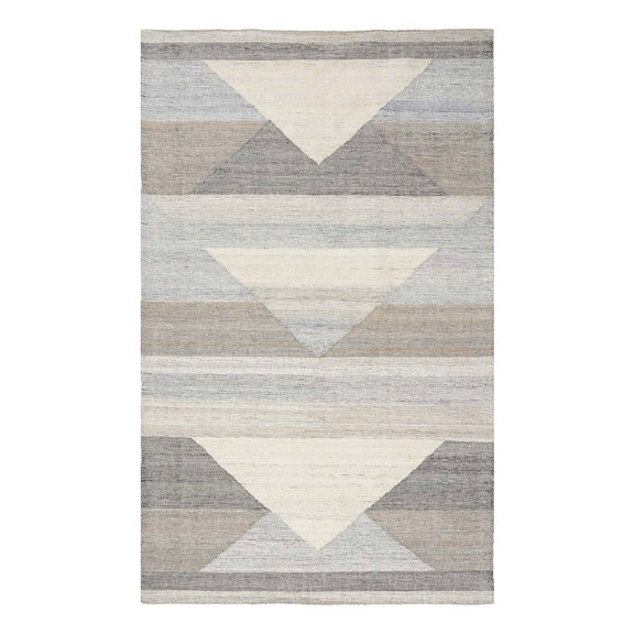 Gray indoor/outdoor rug with cream center band and charcoal V-shaped rows