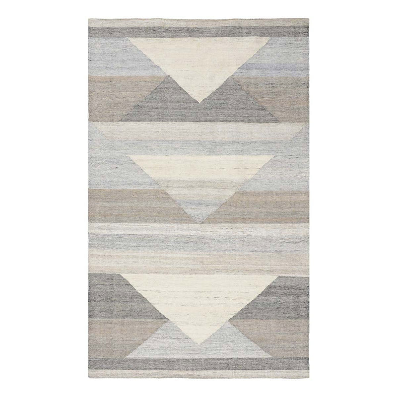 Gray indoor/outdoor rug with cream center band and charcoal V-shaped rows