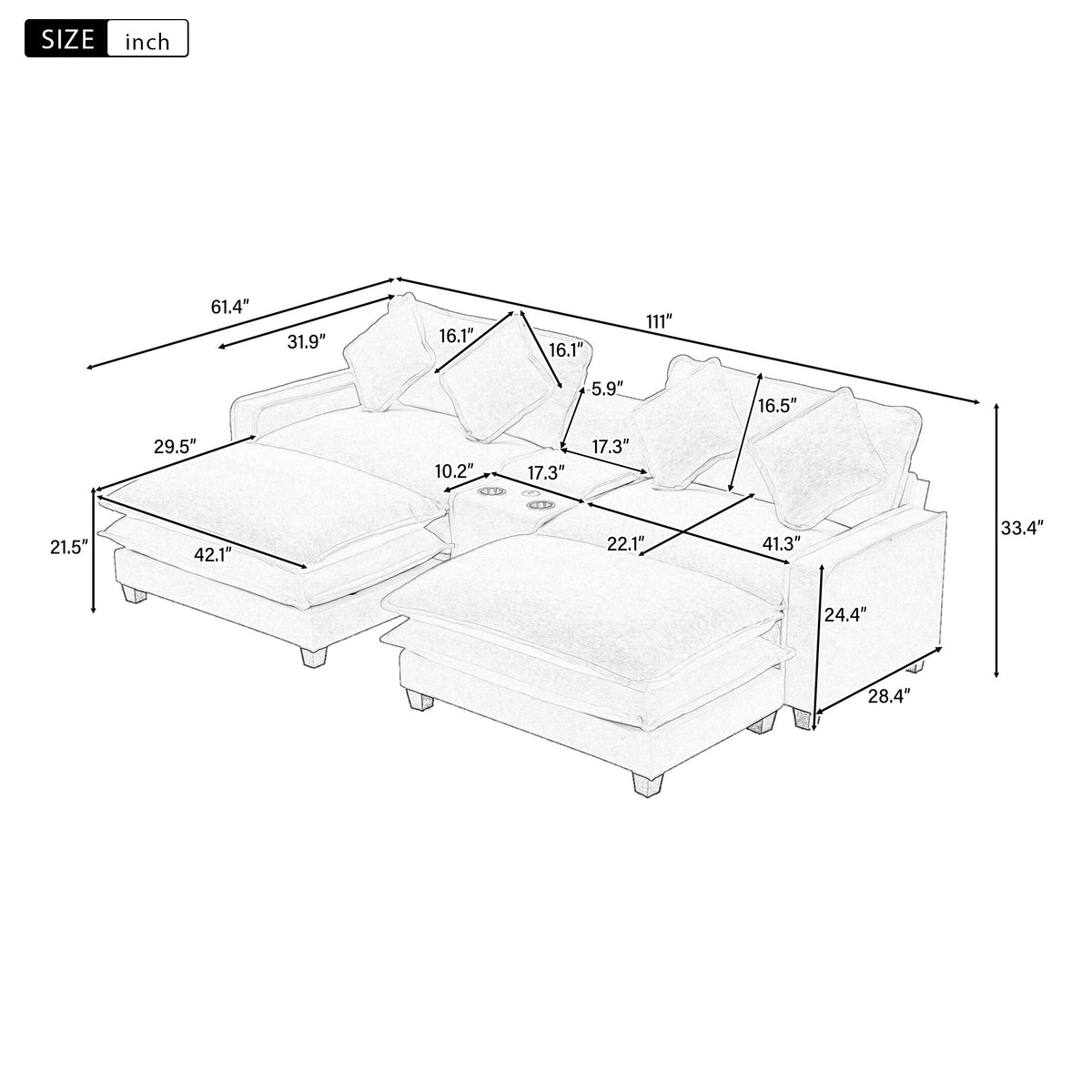 Sectional sofa layout diagram showing dimensions for seating and removable ottomans