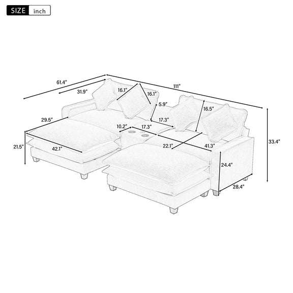 Sectional sofa layout diagram showing dimensions for seating and removable ottomans