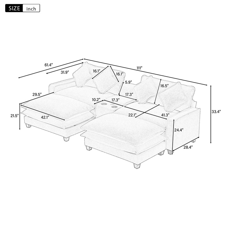 Sectional sofa layout diagram showing dimensions for seating and removable ottomans