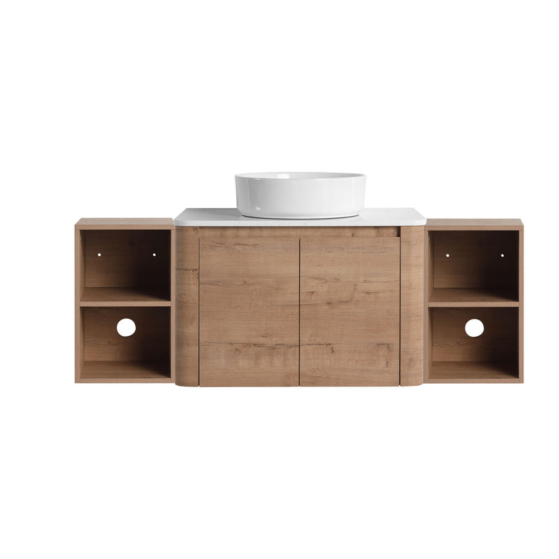 Bathroom vanity with white vessel sink and two side open shelves, central cabinet with door