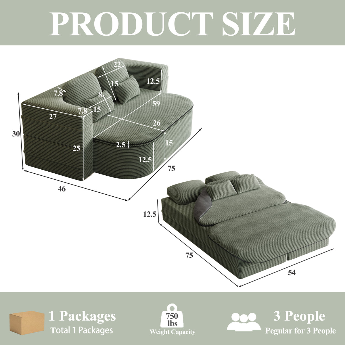 CloudRest Folding Sleeper Sofa – 2-in-1 Corduroy Floor Sofa Bed, 75" Convertible Lounger with Blanket, No Assembly – Beige, Grey Black & Olive Green