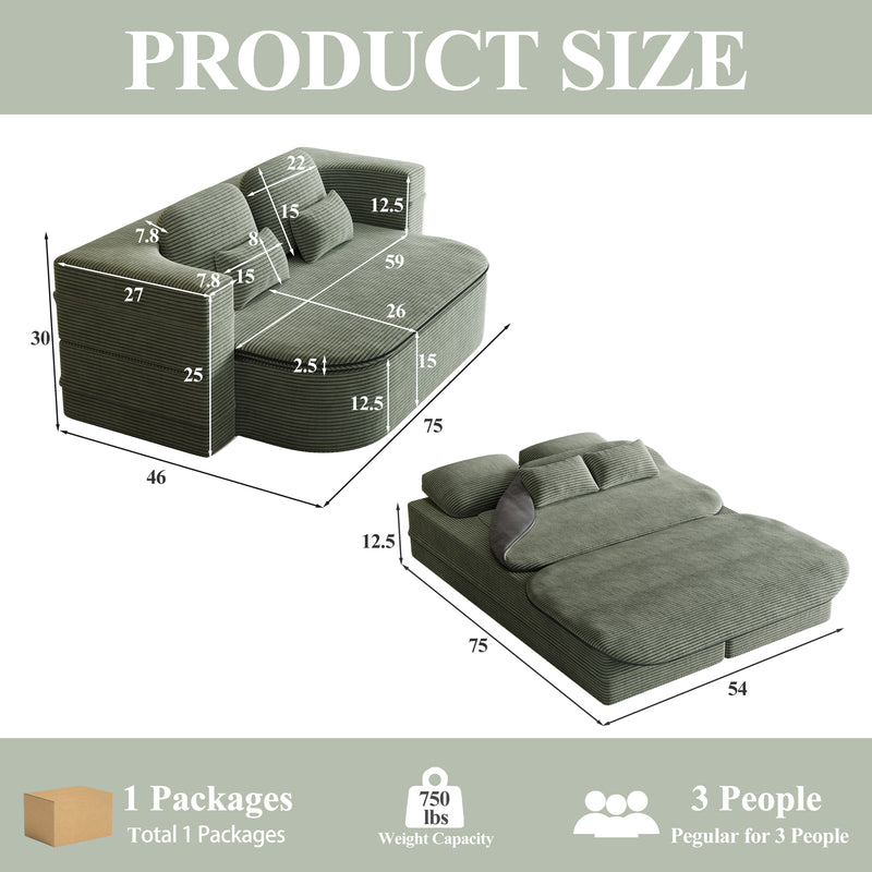CloudRest Folding Sleeper Sofa – 2-in-1 Corduroy Floor Sofa Bed, 75" Convertible Lounger with Blanket, No Assembly – Beige, Grey Black & Olive Green