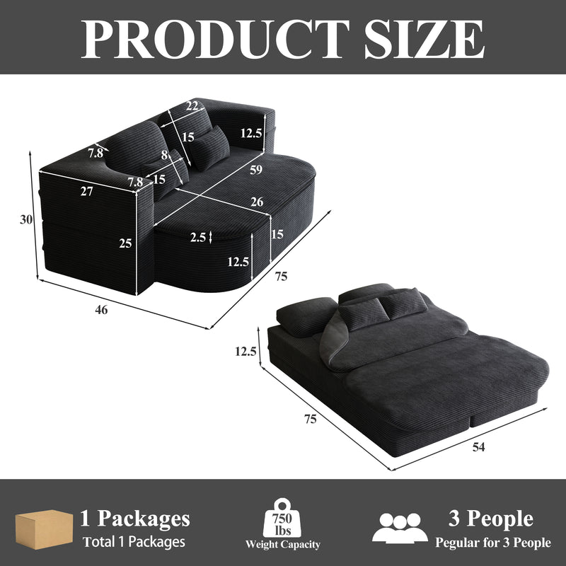 CloudRest Folding Sleeper Sofa – 2-in-1 Corduroy Floor Sofa Bed, 75" Convertible Lounger with Blanket, No Assembly – Beige, Grey Black & Olive Green