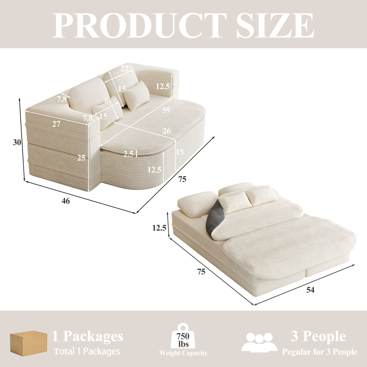 CloudRest Folding Sleeper Sofa – 2-in-1 Corduroy Floor Sofa Bed, 75" Convertible Lounger with Blanket, No Assembly – Beige, Grey Black & Olive Green