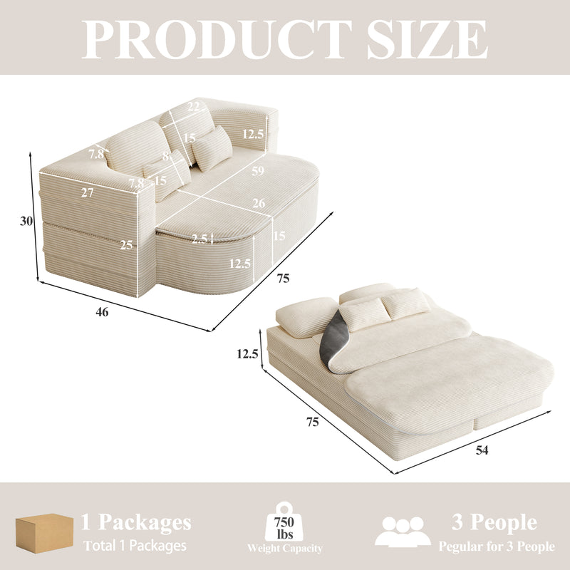 CloudRest Folding Sleeper Sofa – 2-in-1 Corduroy Floor Sofa Bed, 75" Convertible Lounger with Blanket, No Assembly – Beige, Grey Black & Olive Green