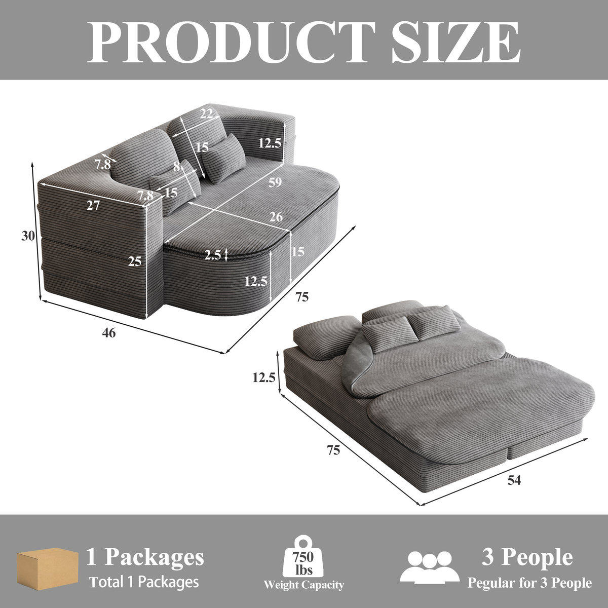 CloudRest Folding Sleeper Sofa – 2-in-1 Corduroy Floor Sofa Bed, 75" Convertible Lounger with Blanket, No Assembly – Beige, Grey Black & Olive Green