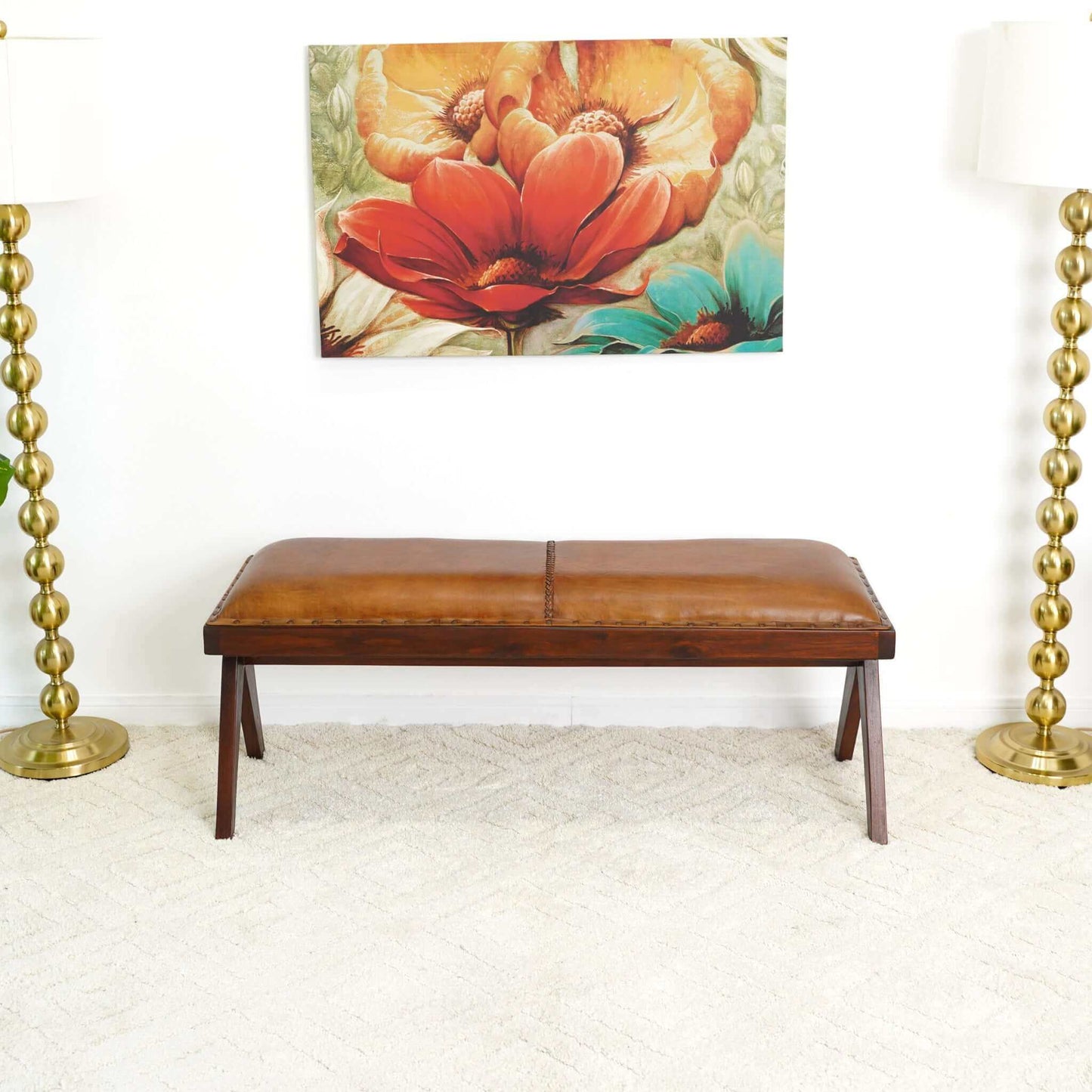 Ashcroft Furniture Chad Mid Century Modern Tan Leather Bench