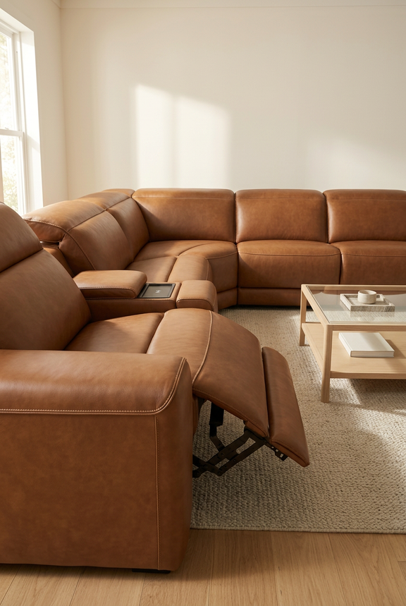 Caramel leather power reclining sectional with side console and reclined chaise section