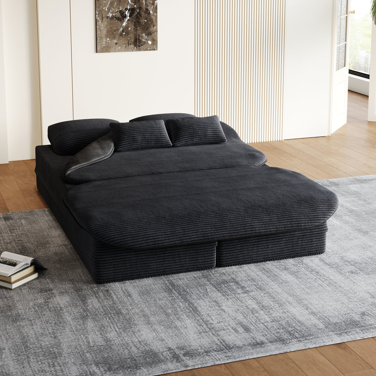 CloudRest Folding Sleeper Sofa – 2-in-1 Corduroy Floor Sofa Bed, 75" Convertible Lounger with Blanket, No Assembly – Beige, Grey Black & Olive Green