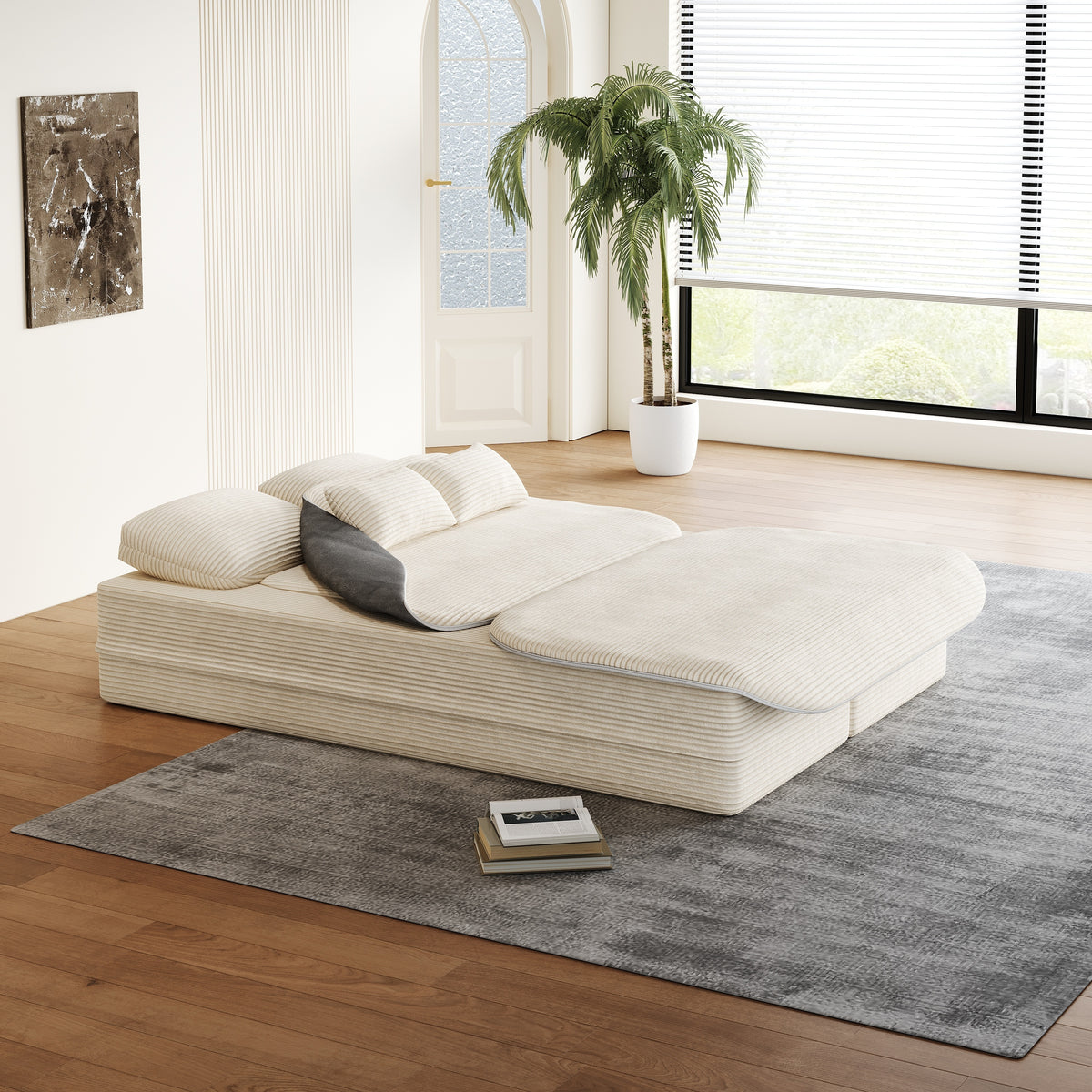 CloudRest Folding Sleeper Sofa – 2-in-1 Corduroy Floor Sofa Bed, 75" Convertible Lounger with Blanket, No Assembly – Beige, Grey Black & Olive Green