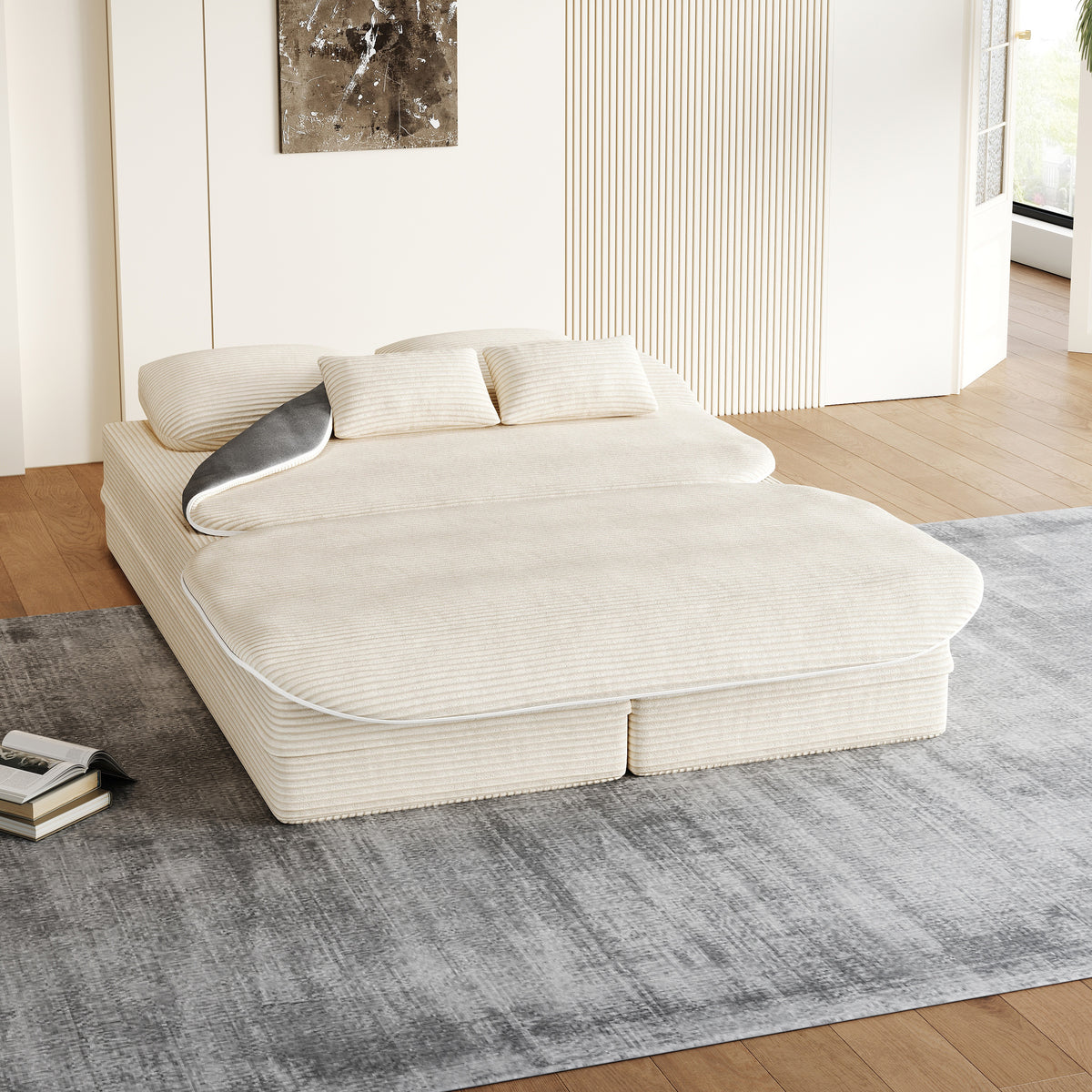 CloudRest Folding Sleeper Sofa – 2-in-1 Corduroy Floor Sofa Bed, 75" Convertible Lounger with Blanket, No Assembly – Beige, Grey Black & Olive Green