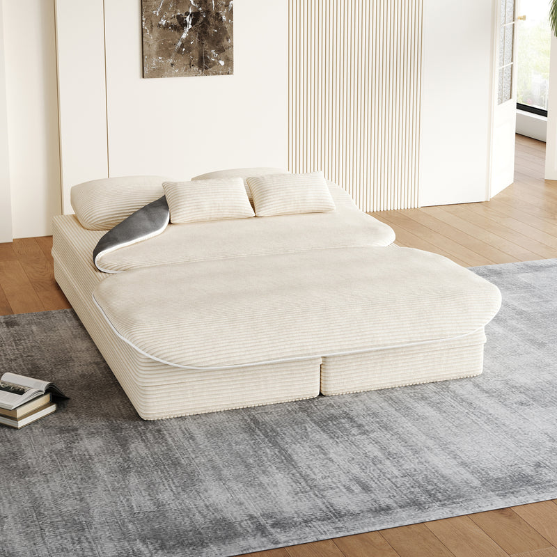 CloudRest Folding Sleeper Sofa – 2-in-1 Corduroy Floor Sofa Bed, 75" Convertible Lounger with Blanket, No Assembly – Beige, Grey Black & Olive Green