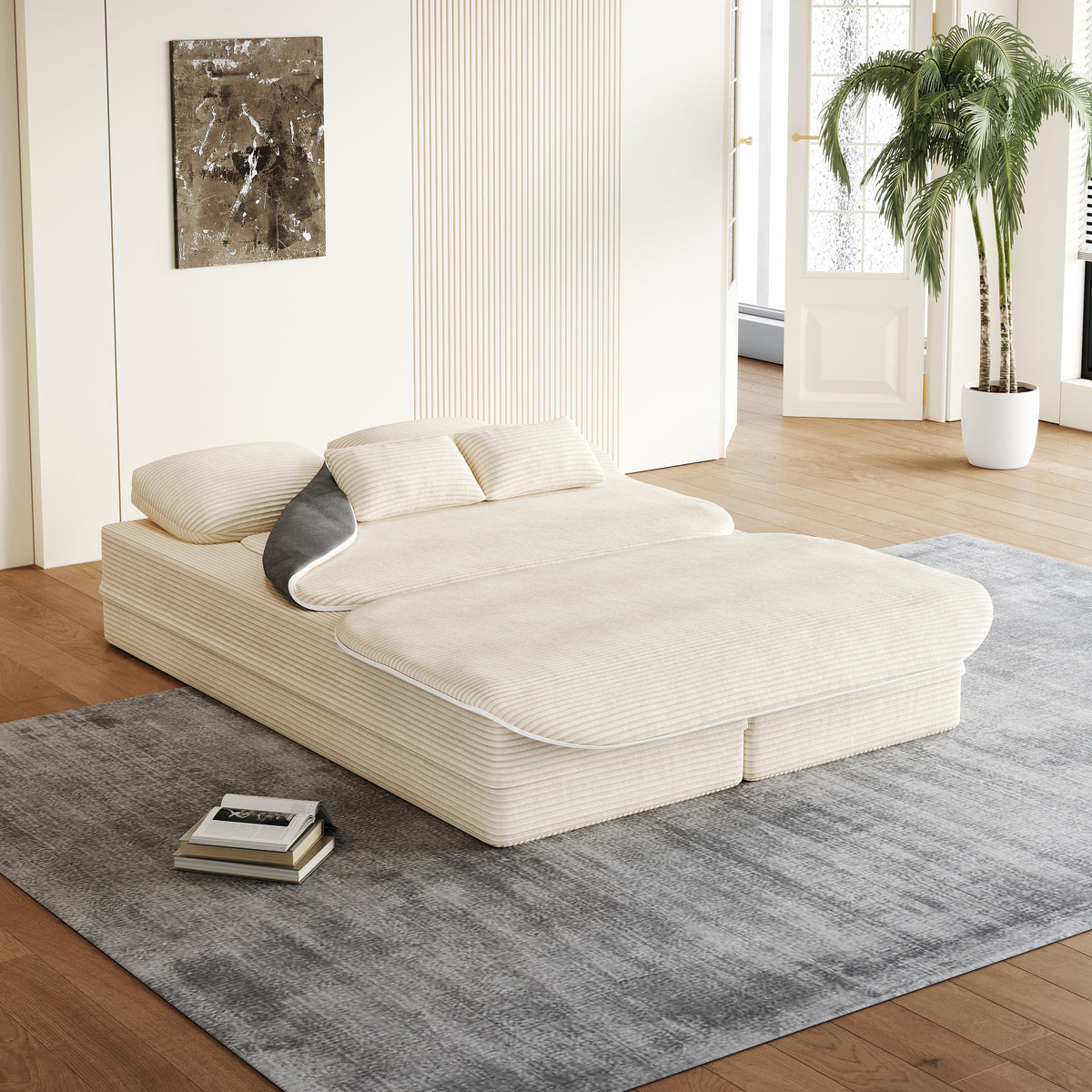 CloudRest Folding Sleeper Sofa – 2-in-1 Corduroy Floor Sofa Bed, 75" Convertible Lounger with Blanket, No Assembly – Beige, Grey Black & Olive Green