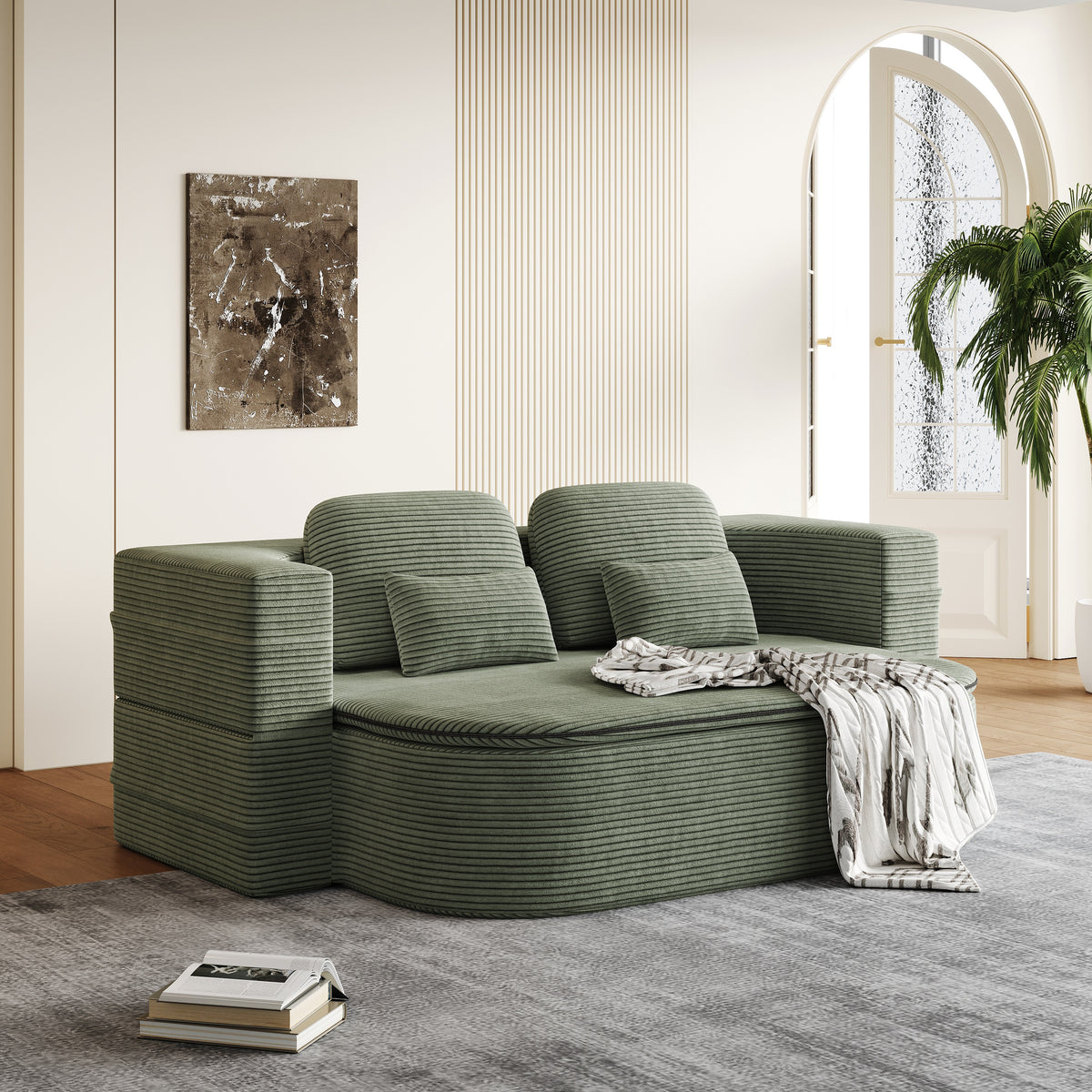 CloudRest Folding Sleeper Sofa – 2-in-1 Corduroy Floor Sofa Bed, 75" Convertible Lounger with Blanket, No Assembly – Beige, Grey Black & Olive Green
