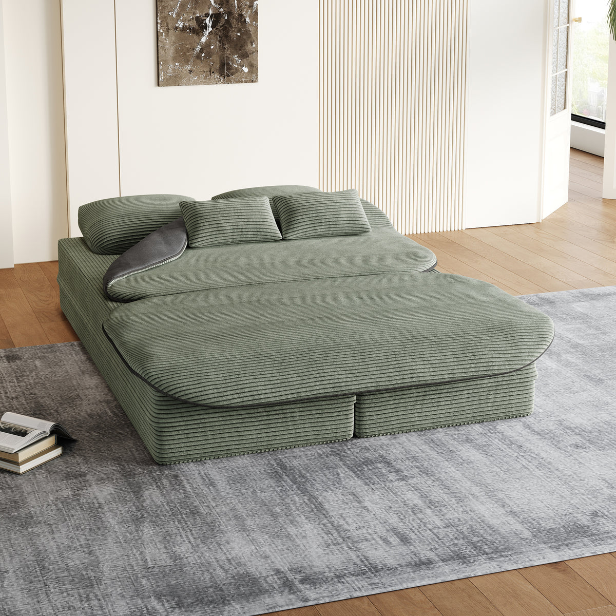 CloudRest Folding Sleeper Sofa – 2-in-1 Corduroy Floor Sofa Bed, 75" Convertible Lounger with Blanket, No Assembly – Beige, Grey Black & Olive Green