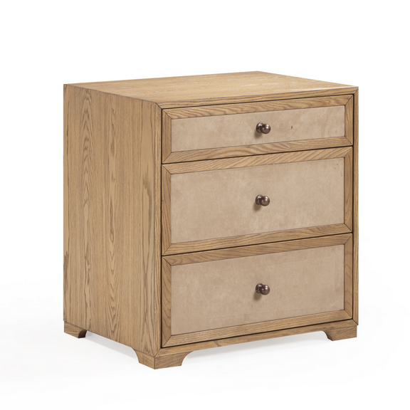 Laurentis 23.5" Light Taupe Suede and Wood 3 Drawer Nightstand - Image 4