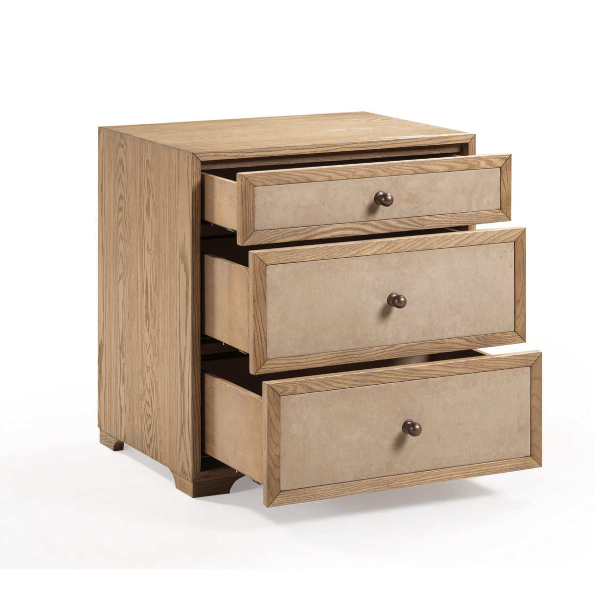 Laurentis 23.5" Light Taupe Suede and Wood 3 Drawer Nightstand - Image 5