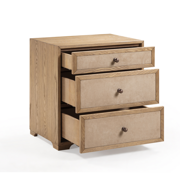 Laurentis 23.5" Light Taupe Suede and Wood 3 Drawer Nightstand - Image 5